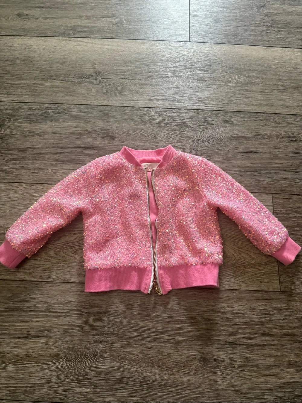 Girls Pink Sequin Bomber Jacket with Gold Zip
